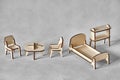 Laser cut doll house furniture of plywood details on grey Royalty Free Stock Photo