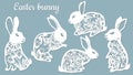 Laser cut Easter bunny rabbit. Floral fancy hare with laser cut pattern for die cutting. Laser cutting rabbit template