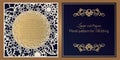 Laser cut paper for weddings. Floral design envelope, invitation, badge, square frame for gift and congratulations. Openwork cut