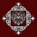 Laser cutting decorative floral diamond with heart inside of the square in dark red color background Royalty Free Stock Photo