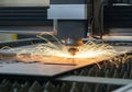 Laser cutting machine creating sparks while processing metal sheet Royalty Free Stock Photo