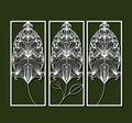 Laser cutting rectangular frames with decorative feather forms in olive color background
