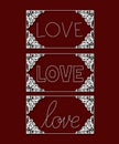 Laser cutting of rectangular frames with floral border and love text inside in dark red color background Royalty Free Stock Photo