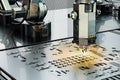 Laser cutting by robotic arm closeup, 3D rendering