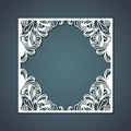 Laser cutting of square frame with floral decoration design forming diamond inside on steel blue color background Royalty Free Stock Photo