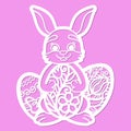 Laser cutting template. Easter bunny with eggs. Vector