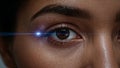 Laser Eye Vision Correction Procedure With A Colored Dark-Skinned Lady\'s Eye and Laser Beam Close View Background Royalty Free Stock Photo