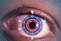 Laser or lasik eye surgery concept, african american male brown eyes with digital overlay