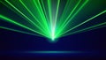 Laser light show. Bright led laser beams, dj light party. Blue illuminated stage, green led strobe lights. Background, backdrop