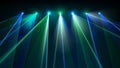 Laser light show. Bright led laser beams, dj light party. Illuminated blue green stage, led strobe lights. Background, backdrop