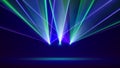 Laser light show. Bright led laser beams, dj light party. Illuminated blue green stage, led strobe lights. Background, backdrop