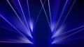 Laser light show. Bright led laser beams, dj light party. Illuminated blue stage, led strobe lights. Stage lighting effect.