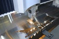 Laser machining. Laser cutting machine working cut metal sheet, Bodor