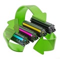 Laser printer CMYK toners inside recycle arrows. 3D illustration Royalty Free Stock Photo