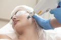 Laser Procedures Ideas. Caucasian Woman Getting Cosmetology Laser Facial Beauty Treatment While Removing Pigmentation in Clinic Royalty Free Stock Photo