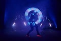 Laser show performance, dancers in led suits with LED lamp, very beautiful night club performance, party Royalty Free Stock Photo