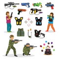 Laser tag fun game vector set in flat style gun optical tools people characters neon light weapon vector illustration. Royalty Free Stock Photo