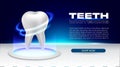 Laser teeth whitening futuristic style banner. White tooth in technological room on round pedestal illuminated by blue