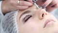 A lash artist is finishing the procedure of eye lash lamination