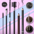 Lash and Brow Bar. Accessories. Make up. Tools for care of the brows. Eyebrows pencil. Angle brush, tweezers and comb Royalty Free Stock Photo