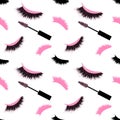 Lashes and mascara seamless vector pattern with glitter effect