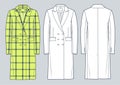 ÃÂ¡lassic double breasted Coat technical fashion illustration, yellow plaid design. Jacket fashion technical drawing template