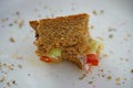 Last bite of a vegetable sandwich kept on plate. Side view shot of bread with tomato with the last bit Royalty Free Stock Photo