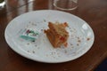 Last bite of a vegetable sandwich kept on plate. Side view shot of a piece bread with tomato with the last bit Royalty Free Stock Photo