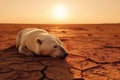 The last breath of a polar bear in the desert: an image that denounces climate change,A polar bear dies in the desert, Generative Royalty Free Stock Photo