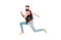 Last chance. Following his dream. Barefoot guy hurries to beach. Run away. Hurry up. Guy happy cheerful face having fun Royalty Free Stock Photo