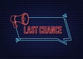 Last chance and last minute offer with clock signs banners, business commerce shopping concept. Neon icon. Vector