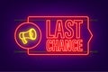 last chance and last minute offer with clock signs banners, business commerce shopping concept. Neon icon. Vector