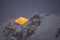 Last golden light before sunset at Everest Mountain. During the way to Everest base camp.