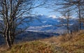 Last good weather days in autumn mountain countryside morning peaceful picturesque scene. Ukrainian Carpathians mountains in far