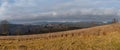 Last good weather days in autumn mountain countryside. Peaceful picturesque Ukrainian Carpathians mountains scene