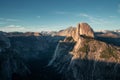 Last light of the day in the Yosemite Valley. Beautiful sunset over the Half Dome in one of the most gorgeous national