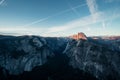 Last light of the day in the Yosemite Valley. Beautiful sunset over the Half Dome in one of the most gorgeous national