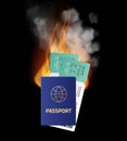 Last minute deals. Hot sale of tickets and tourist vouchers. Burning passport and traveling airline cards. ID papers