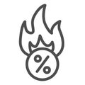 Last minute discounts line icon. Fire on percentage, hot deal symbol, outline style pictogram on white background