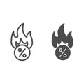 Last minute discounts line and solid icon. Fire on percentage, hot deal symbol, outline style pictogram on white