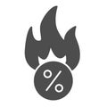 Last minute discounts solid icon. Fire on percentage, hot deal symbol, glyph style pictogram on white background