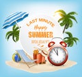 Last Minute. Summer vacation background. with Travel items on the beach