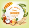 Last Minute. Summer vacation background with Travel items