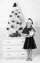 Last minute till midnight. Last minute new years eve plan. Merry christmas concept. New year countdown. Girl kid santa Royalty Free Stock Photo