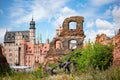 Last post war remains in Gdansk, Danzig, Poland. View through ruins to the old town. Granary Island Royalty Free Stock Photo