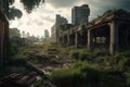 The Last Remains of a City Skyline Overgrown by Plants. Post-Apocalyptic Landscape.