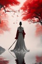 The Last Samurai: A woman in white stands holding a red umbrella