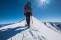 Last steps before Mont Blanc Monte Bianco summit 4,808 m of man with climbing axe dressed mountaineering clothes, boots with