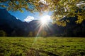 Last sun rays over karwendel mountains at Ahornboden, autumn landscape