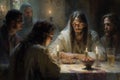 The Last Supper. The religious concept of the assembly of Jesus Christ with the 12 apostles. Bible. Faith. Drawing with